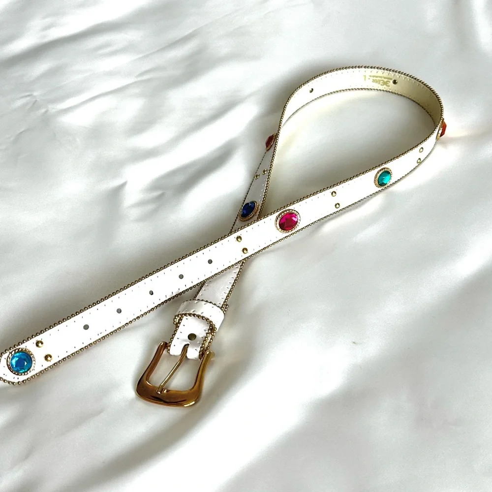 Vintage early 1990s Synthetic Jewel Embellished White Leather Waist Belt -Large